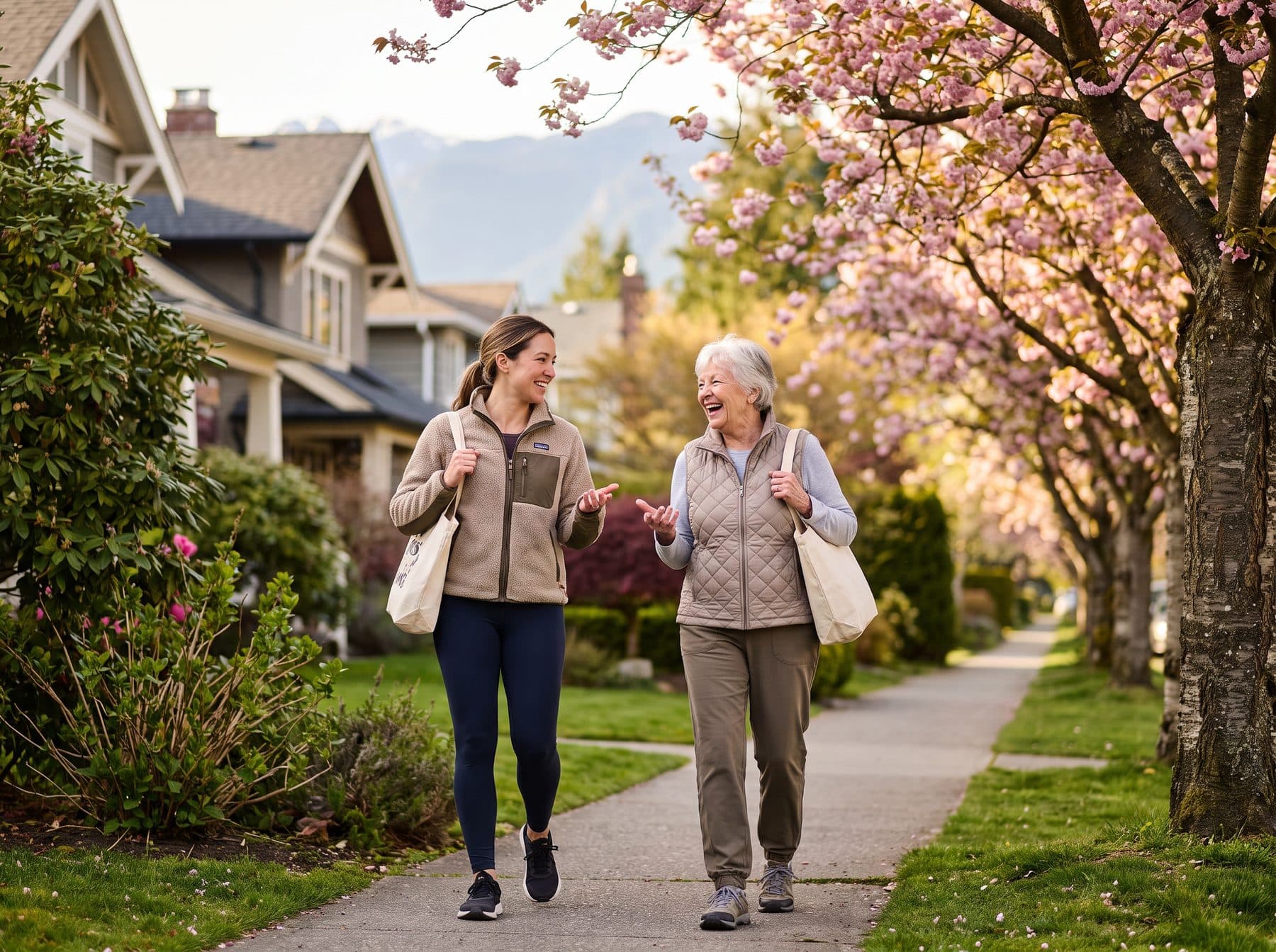 A younger Helper and an older woman walking together along a leafy North Shore neighbourhood sidewalk with cherry blossoms