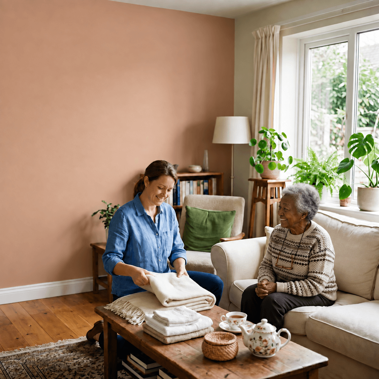 A Helper folding towels while chatting with a senior woman at home