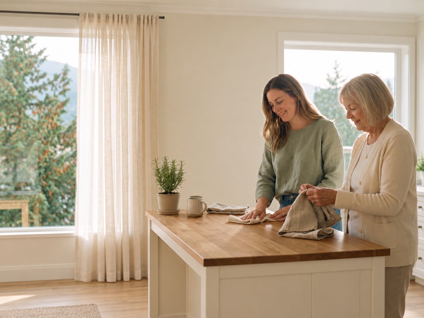 A woman Helper and a senior doing light housekeeping together in a bright kitchen