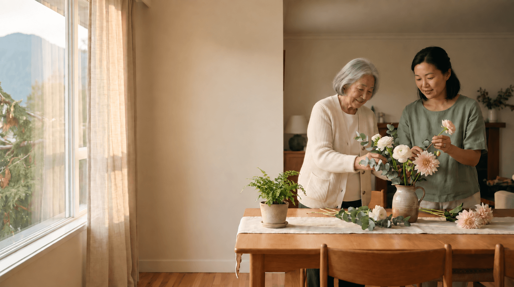 A senior woman and a Helper arranging flowers together at home