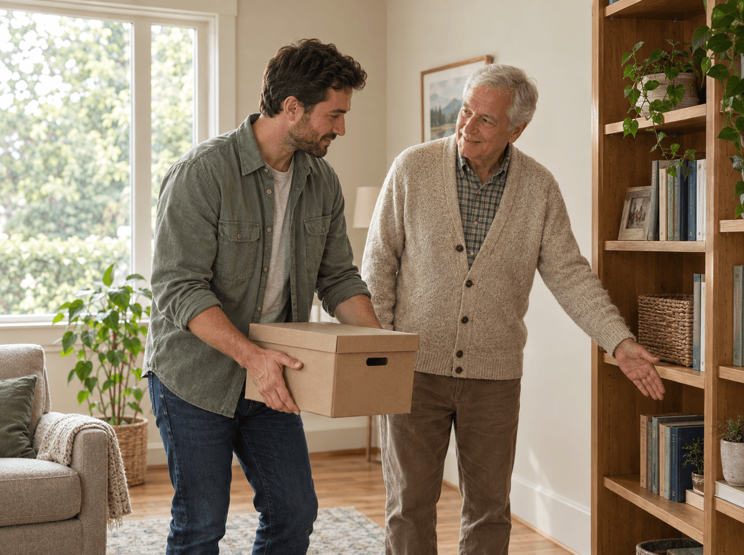 A male Helper carrying a storage box while an older man indicates where to place it on a shelf